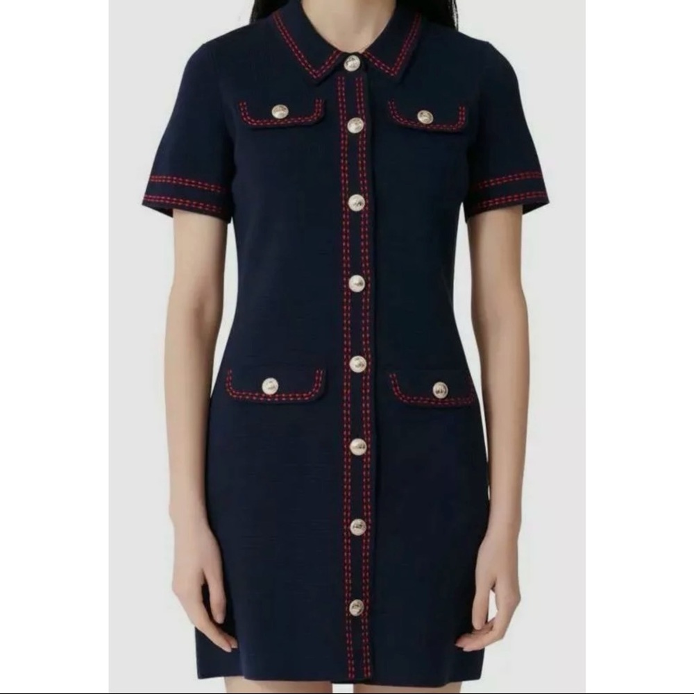 Maje Womens Blue Short Sleeve Sheath Gold Button